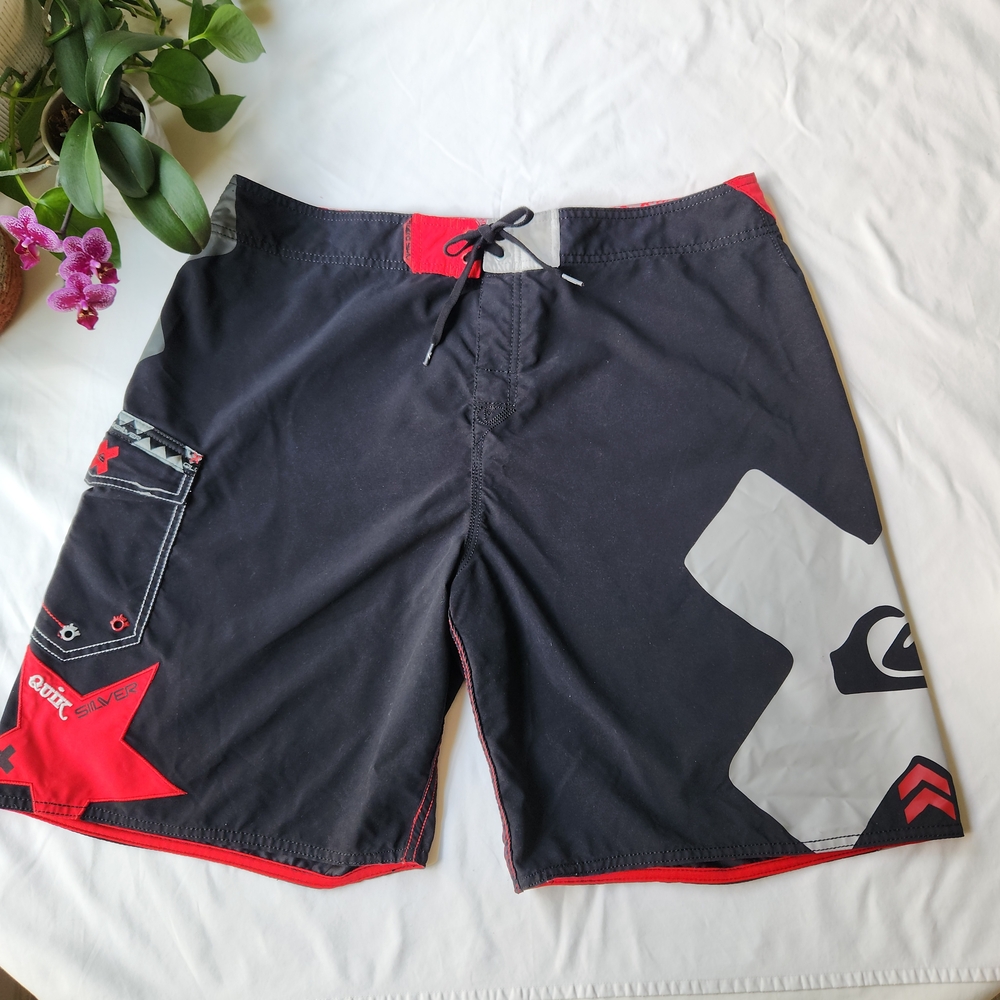 Quiksilver Black Swim Shorts with Red Graphic Waistband